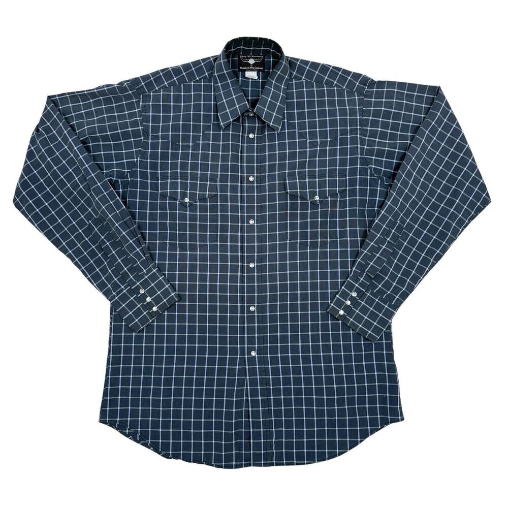 VTG Flying Ranchwear Shirt Sz 16 1/2 34‎ Blue Plaid Pearl Snap Button Up Western